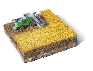 Wheat field and working harvester are located on a piece of ground, isolated on white background, 3d illustration © vipman4
