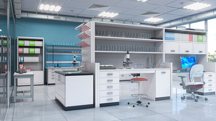 Light laboratory interior with equipment. 3d illustration