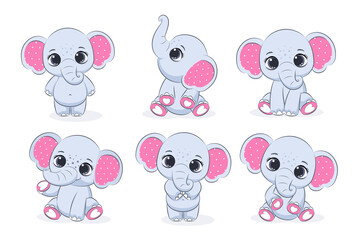 A set of cute elephant girls. Vector illustration of a cartoon.