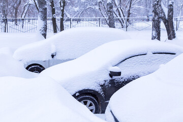 Cars on parking covered snow in snowbank after snowfall and blizzard in winter
