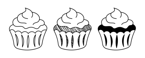Set of hand-drawn vector cupcakes in doodle cartoon style. Pancake day / Shrove Tuesday