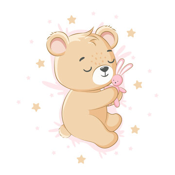 A cute teddy bear is sleeping sweetly hugging a bunny toy. For a girl. Vector illustration of a cartoon.