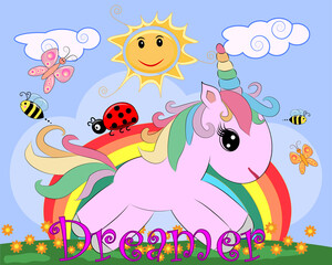 Pink unicorn on a meadow with flowers, rainbow, sun. Child illustration, fairy-tale character, dreamer