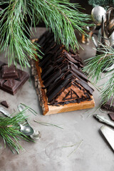 Chocolate cake with chocolate cream and glaze decorations on a wooden board. Sweet treats on a table with pine branches