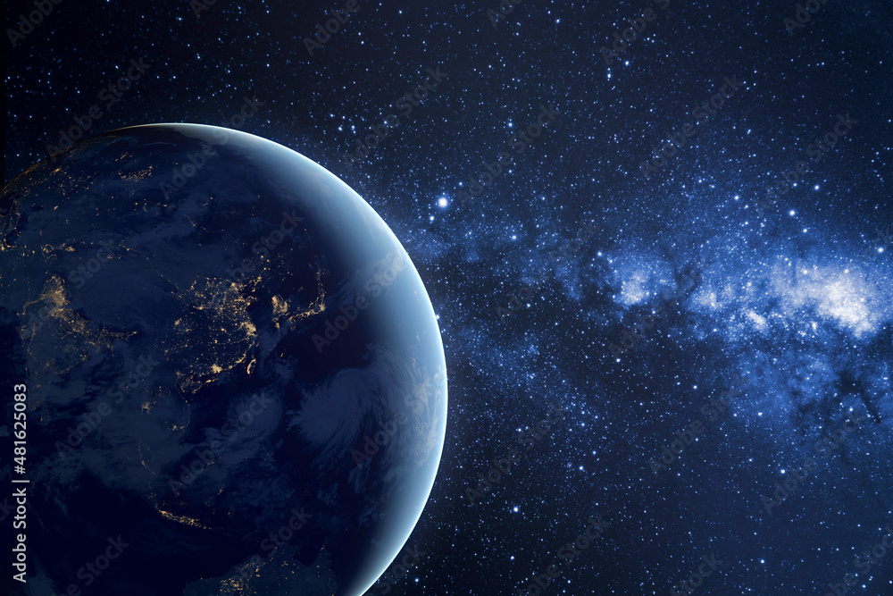 Fototapete Planet earth planet in deep space against blue nebula. Night view from the orbit of the planet with cities lights. Elements of this image furnished by NASA.