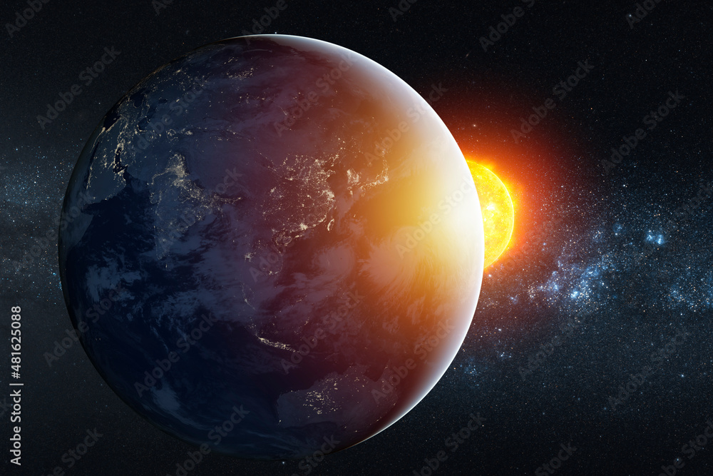 Poster planet earth planet in deep space against blue nebula and glowing hot sun. outer space dark wallpape