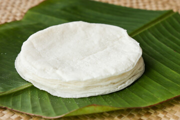 Rice Pathiri , pathir flat bread with spicy chicken curry, coconut milk Kerala India SriLanka. Popular traditional South Indian breakfast dish Malabar Muslims on Ramadan Ramzan, Eid festival Rice roti