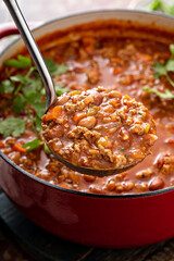 Traditional chili soup with meat and red beans