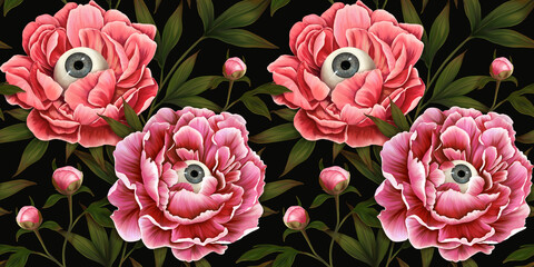 Mystical seamless pattern. Mysterious wallpapers, fantastic flowers. Floral dark background. Peonies, eyes, horrors. Vintage hand drawn flowers, buds, leaves for wallpapers, fabrics, banners, blogs
