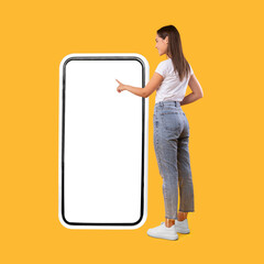 Woman using white empty smartphone screen panel