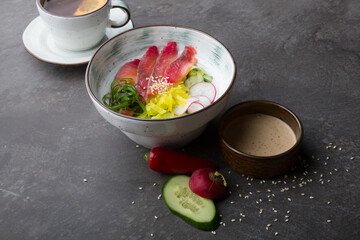 Bowl of seafood tuna salad served for lunch