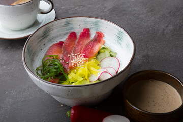 Bowl of seafood tuna salad served for lunch