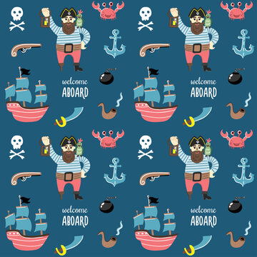 Children's seamless pattern in a nautical style with pirates, a ship, a revolver, a skull, a smoking pipe