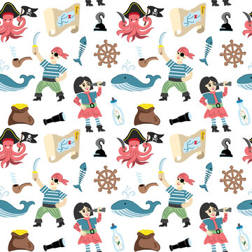 Cute seamless marine-style pattern with kids in pirate clothes, whale, spyglass, treasure map, steering wheel, anchor and gold