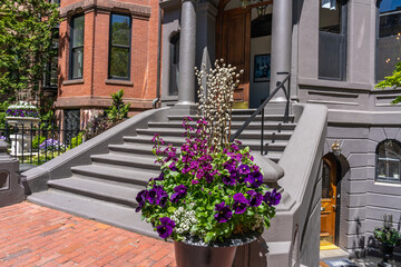 Fototapeta na wymiar Decoration of the entrance to the house for Easter. Pot of flowers near an old house in Boston with willow branches.
