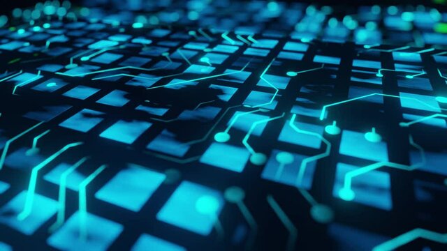 Futuristic Data Technology Center Server Racks in Dark Room with VFX. Animated Visualization Concept of Internet of Things, Data Flow, Digitalization of Internet Traffic