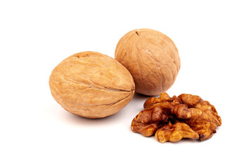 Walnuts in shells isolated on white background. Package design element with clipping path.
