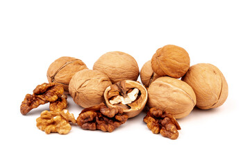 Walnuts in shells isolated on white background. Package design element with clipping path.