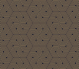 Abstraktes geometrisches Muster mit Streifen, Linien. Nahtloser Vektorhintergrund. Verzierung in Gold und Dunkelblau. Einfaches Gittergrafikdesign