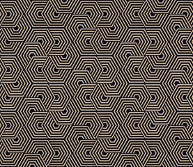 Gardinen Abstraktes geometrisches Muster mit Streifen, Linien. Nahtloser Vektorhintergrund. Verzierung in Gold und Dunkelblau. Einfaches Gittergrafikdesign © ELENA