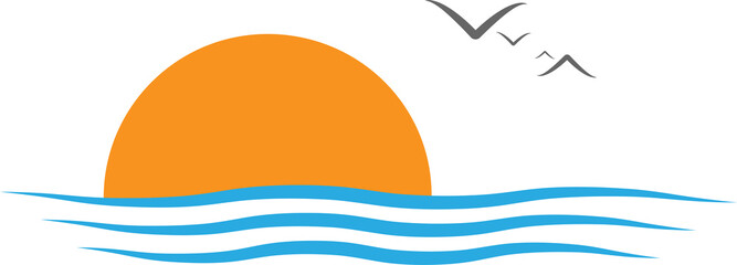 Sun, waves, and a flock of birds.