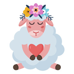 Romantic sheep holds a heart. Cute illustration, cartoon style.