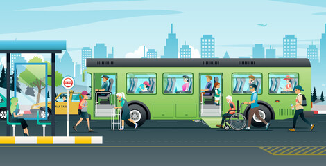 The bus driver stopped safely to pick up passengers and wheelchair users at the stop. © intararit