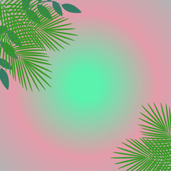 Tropical summer pink background green leaves