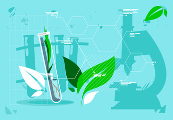 Vector illustration of a plant in a glass tube grown by biogenetic research in the laboratory, the growth formula of the concept of biogenetic plants