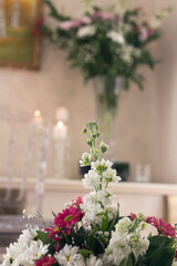 engagement ceremony decoration with fresh colorful flowers in home