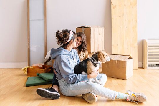Girlfriends with dogs hugging near carton boxes