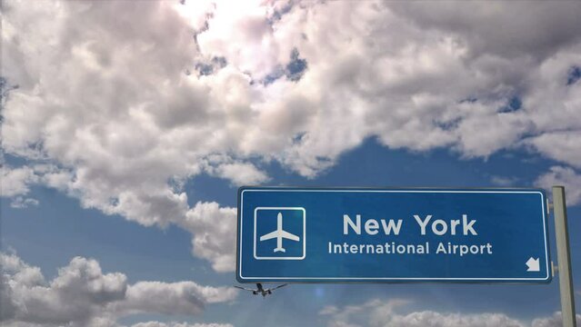 Airplane silhouette landing in New York, USA. City arrival with airport direction signboard and sunset in background. Travel, trip and transportation 3d concept.