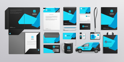 Stationery Brand Identity Mockup set with blue and black abstract geometric background. Business stationary mockup template of Guide, annual report cover, van, brochure, bag, corporate mug