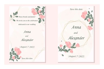 A set of card templates for a wedding invitation, save date, RSVP, menu. A postcard for a celebration, a party with roses and greenery in a rustic style. Vector design