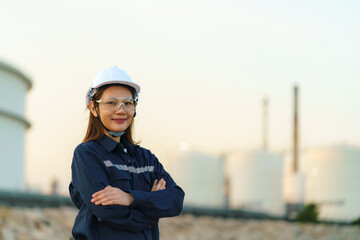 Asian woman engineer arm crossed and smile with confident looking forward to future with oil...