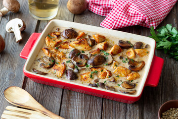 Baked chicken and mushrooms in a creamy sauce. French cuisine. Fricassee.