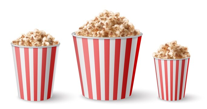 Realistic full large, medium and small popcorn bucket. Red striped pop corn portion cups sizes. Movie snack food. Popcorn buckets vector set