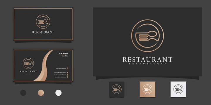 Restaurant logo with creative combined spoon and fork design and businees card Premium Vector