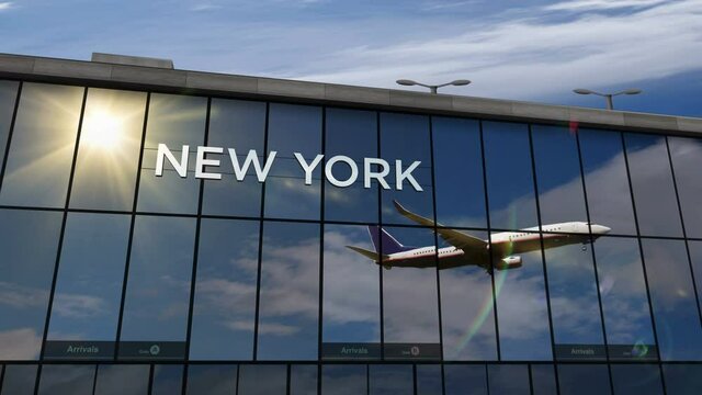 Plane landing at New York, USA 3D rendering animation. Arrival in the city with the glass airport terminal and reflection of the jet aircraft. Travel, business, tourism and transport concept.