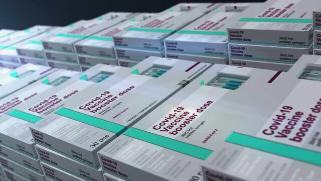 Covid-19 vaccine booster dose pack production line. Coronavirus sars-cov-2 vaccination shots packing. A box for syringes with doses. Abstract concept 3d rendering loopable seamless animation.