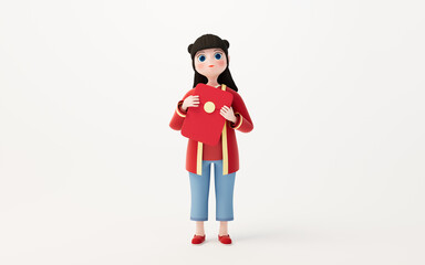 A Chinese girl with white background, cartoon character, 3d rendering.