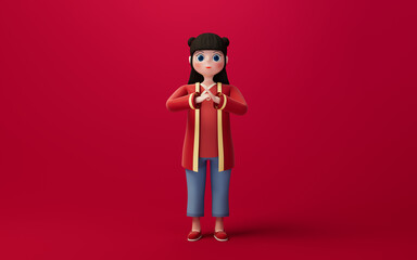 A Chinese girl with red background, cartoon character, 3d rendering.