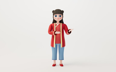 A Chinese girl with white background, cartoon character, 3d rendering.
