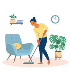 Young woman with mop in the living room. Vector flat style illustration