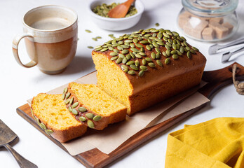 Pumpkin bread with seeds. Baking. Vegetarian food. Cake.