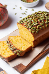 Pumpkin bread with seeds. Baking. Vegetarian food. Cake.