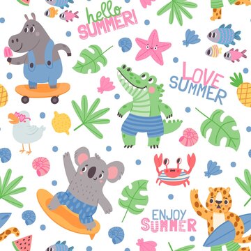 Summer animal surfers and tropical leaves seamless pattern. Crocodile, koala with surfboard, crab, fish and hippo on skate, kid vector print
