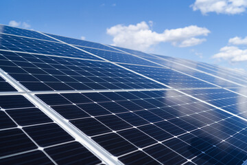 Cose-up view on solar power plant panel - obrazy, fototapety, plakaty