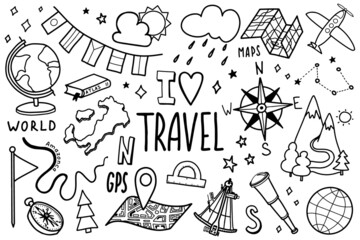 Travel icons set in hand drawn doodle style. Tourism and geography symbols. Vector illustration isolated on white background