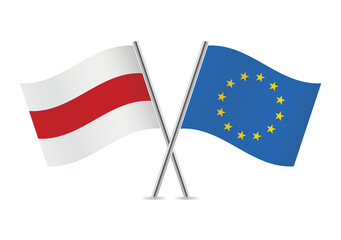 Belarus opposition and European Union flags. Belarusian opposition and EU flags, isolated on white background. Vector illustration.